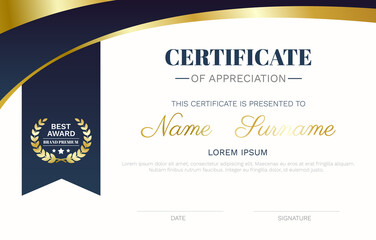 Obraz premium Certificate template modern wave curve lines and best award brand premium golden badge vector.