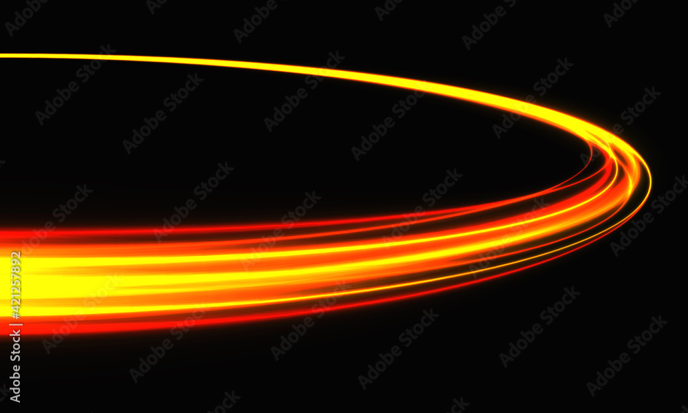 Poster abstract red yellow light curve high speed dynamic motion on black background vector illustration.