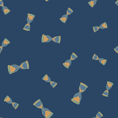 Retro random seamless pattern with orange hourglass elements. Navy blue background. Decorative print.