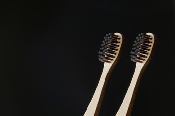 Ecological bamboo toothbrushes. Natural organic personal care product concept. With copy space. Dental clinic and private bathroom.
