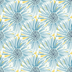 Blue and white colored daisy flowers silhouettes seamless pattern. Yellow background. Scrapbook nature print.