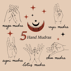 Hand mudras set. Colorful hand yoga collection. - obrazy, fototapety, plakaty