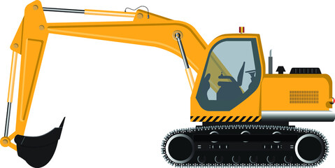 Digger hydraulic excavator with dipper isolated on white background, vector illustration