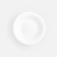 Flat matte white dinner plate closeup on a white background. Isolated object with shadow. Top view