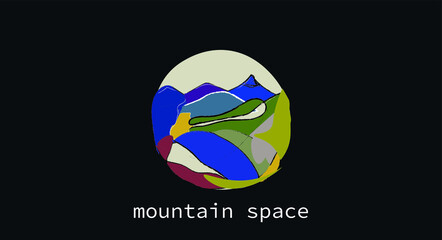 logo for tourism mountain space, vector, multicolored on a black background