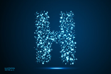 English letters abstract font consists 3d of triangles, lines, dots and connections. On a dark blue background cosmic universe stars, meteorites, galaxies. Vector illustration EPS 10.