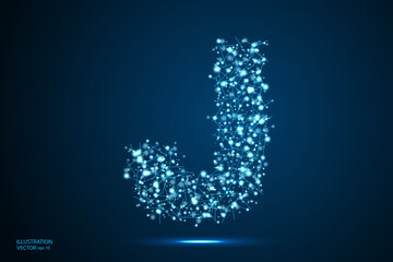 English letters abstract font consists 3d of triangles, lines, dots and connections. On a dark blue background cosmic universe stars, meteorites, galaxies. Vector illustration EPS 10.