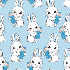 Seamless Pattern Cute rabbit holding a pencil print design rabbit background. Vector Design print Textile for Kids