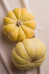 Yellow pumpkins on a silk background. View from above.