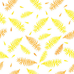 Fototapeta na wymiar Seamless pattern of fern leaves. Botanical illustration of various shapes and shades of yellow. Isolated on white, for textile and wrapping paper. Stock illustration.