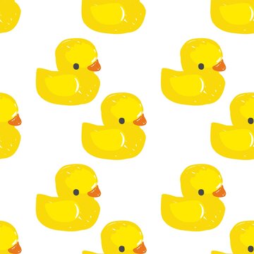 Hand drawn cute rubber yellow duck toy pattern seamless vector illustration
