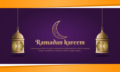 Ramadan kareem banner with golden crescent moon and lantern on purple and yellow background, Vector illustration.