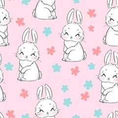 Seamless Pattern Rabbit and flowers. Hand Drawn sweet Bunny, print design background. Vector Print Textile for Kids Fashion.