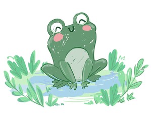 Hand drawn cute frog sitting in a swamp vector kawaii illustration for kids