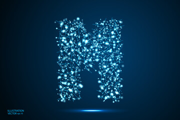 English letters abstract font consists 3d of triangles, lines, dots and connections. On a dark blue background cosmic universe stars, meteorites, galaxies. Vector illustration EPS 10.