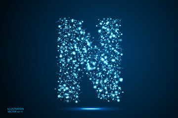 English letters abstract font consists 3d of triangles, lines, dots and connections. On a dark blue background cosmic universe stars, meteorites, galaxies. Vector illustration EPS 10.