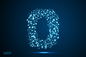 English letters abstract font consists 3d of triangles, lines, dots and connections. On a dark blue background cosmic universe stars, meteorites, galaxies. Vector illustration EPS 10.