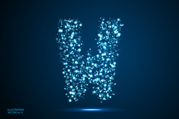 English letters abstract font consists 3d of triangles, lines, dots and connections. On a dark blue background cosmic universe stars, meteorites, galaxies. Vector illustration EPS 10.