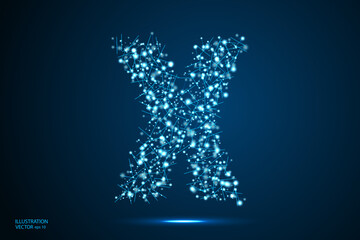 English letters abstract font consists 3d of triangles, lines, dots and connections. On a dark blue background cosmic universe stars, meteorites, galaxies. Vector illustration EPS 10.