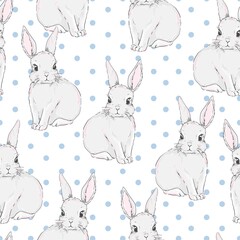 Hand drawn cute sweet bunny. Seamless Pattern Rabbit print design background. Vector Textile for Kids Fashion. Polka dot