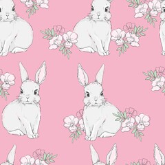 Hand Drawn cute Bunny and flowers , Seamless Pattern Rabbit print design pink background. Vector Textile for Kids Fashion.