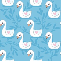 Cute Swan and heart vector pattern seamless, design fabric print blue background