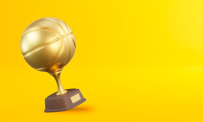 Basketball trophy cup on yellow background. Sport tournament award, gold winner cup and victory concept. 3d rendering illustration