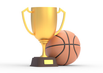 Golden trophy cup with basketball isolated on white background. Sport tournament award, gold winner cup and victory concept. 3d rendering illustration