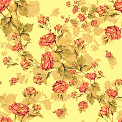 Garden flowers roses painted in watercolor with leaf. Floral seamless pattern on yellow background.