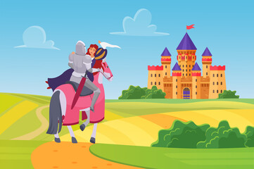 Prince knight saved princess, fairytale story vector illustration. Cartoon fairy tale scenery with hero warrior character in armor riding happy beautiful girl on horseback on way to castle background