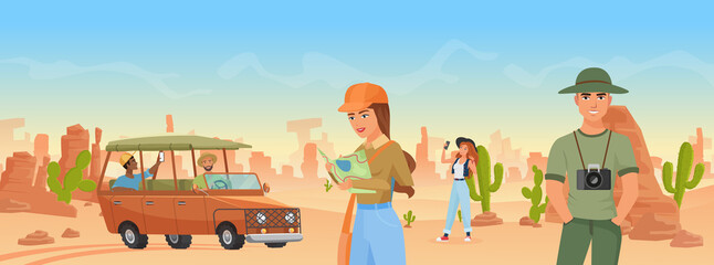 Tourist people travel in Arizona wild west desert landscape vector illustration. Cartoon man woman traveler characters make travel photo of western wildlife, walking, holding canyon map background
