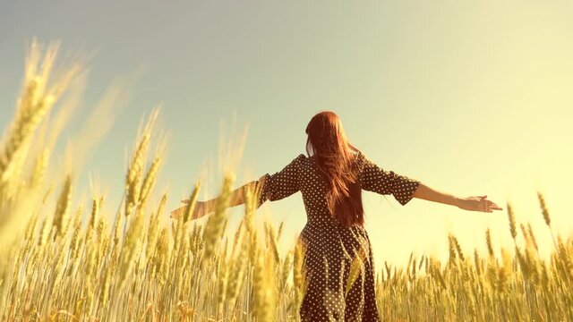 Free young woman runs in slow motion across field, touching ears of wheat with her hand. Beautiful girl enjoying nature in warm sunshine in a wheat field on a sunset background. Girl travels.