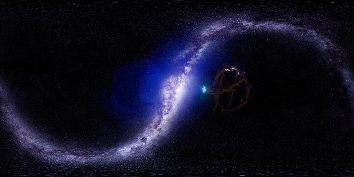 vr 360 futuristic spaceship flying in space with Mily Way