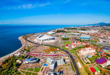 Sochi Olympic Park aerial panoramic view. Park was constructed for the 2014 Winter Olympics and Paralympics. - obrazy, fototapety, plakaty