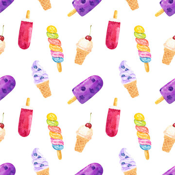 Seamless pattern with watercolor fruit ice cream and berries isolated on white background.