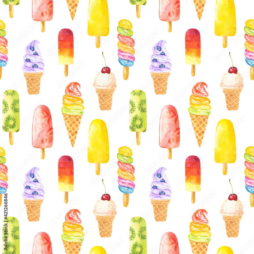 Wall mural seamless pattern with watercolor ice cream isolated on white background.