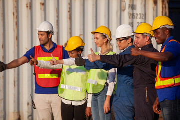 worker thumbs up sucess working.  workers prepare export products. Container Shipping Logistics Engineering of Import Export Transportation Industry