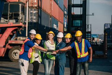 Workers Join Hand for Collaboration in the container yard. Business logistic concept, Import and export concept. Workers hands touching and Join Hand for Collaboration for successfully