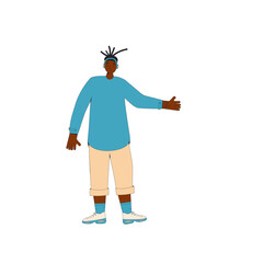 African american male teenager. Boy character wearing in casual clothes standing isolated on a white background. Vector line illustration.