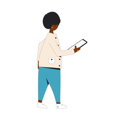 African american woman. Female character wearing in casual clothes standing with smartphone in her hand isolated on a white background. Vector line illustration.