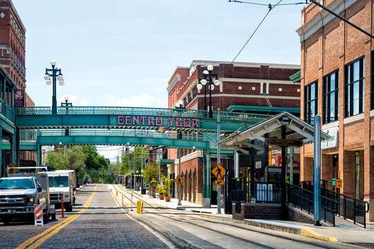 Tampa, USA - April 27, 2018: Downtown city in Florida in historic Latin American district of Centro Ybor old town with streetcar station