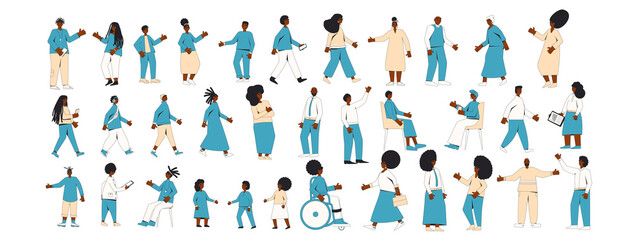 Fototapeta na wymiar African american people set isolated on a white background. Young and elderly female and male character wearing in casual and formal clothes. Vector line illustration.