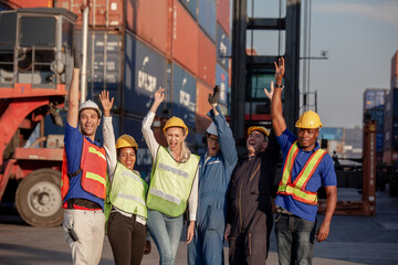 Workers Join Hand for Collaboration in the container yard. Business logistic concept, Import and export concept. Workers hands touching and Join Hand for Collaboration for successfully