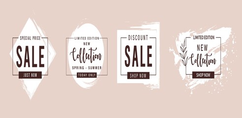 Frames with text sale,new collection,super big finale special offer.Spring floral pink background with grunge white texture.Border for banner,flyer,social media.Vector discount design template poster
