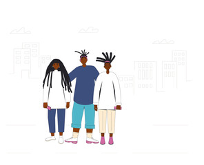 Group of african american teenagers standing together. Young female and male friends wearing in casual clothes. Boy and girls with dreadlocks.. Vector line illustration.