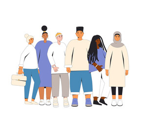 Group of diverse teenagers standing together. Young female and male friends wearing in casual clothes. Boys and girls hugging each other. Vector line illustration.