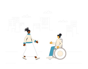 Inclusion. Two teenagers meeting on the street. Young friends talking about lifestyle. Vector line illustration.
