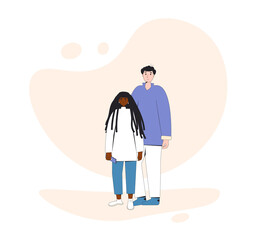 Young caucasian person and african american teenage girl standing together. Young  friends wearing in casual clothes. Boy and girl. Vector color line illustration.