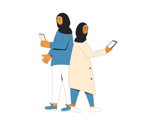 Young muslim women standing back to back. Female teenagers  wearing in hijab and casual clothes  using their phones isolated on a white background. Vector line illustration.