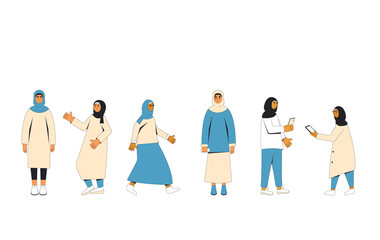 Young muslim women. Female teenagers character wearing in hijab and casual clothes standing isolated on a white background. Vector line illustration.